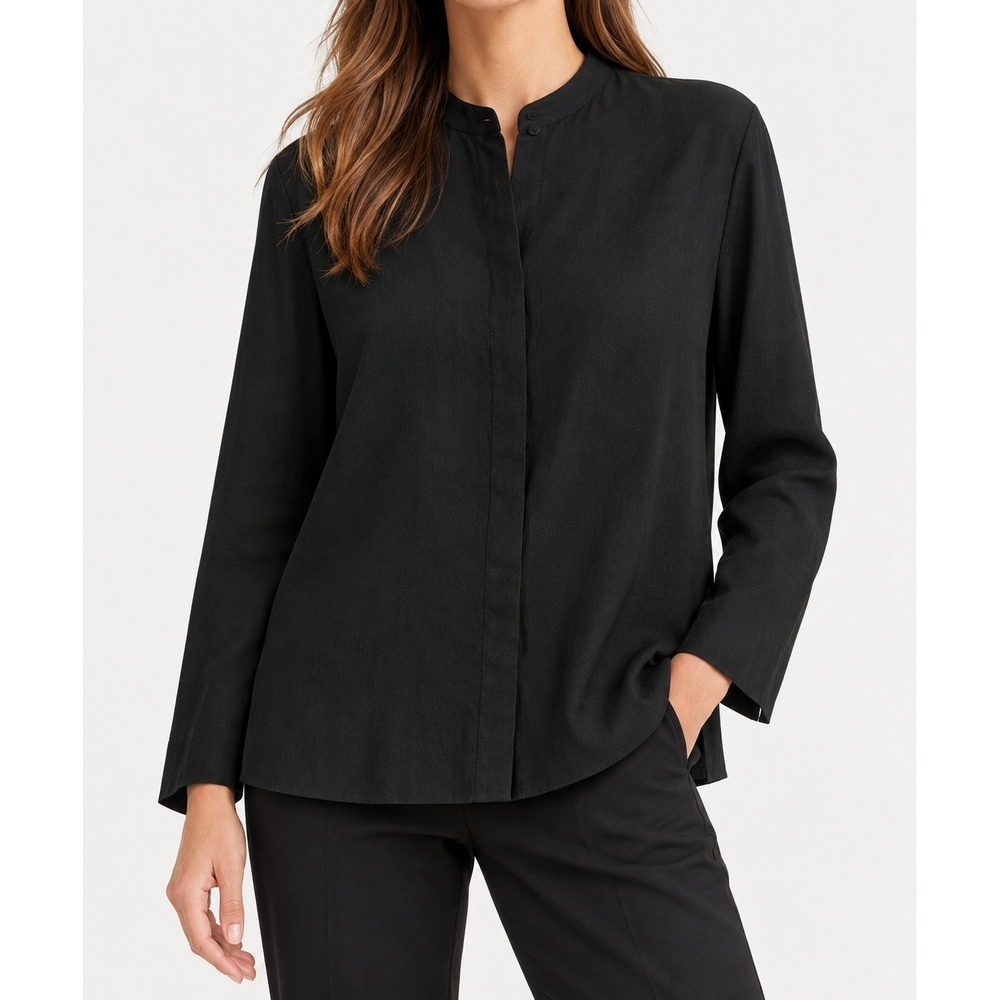 Eileen Fisher Black Silk Cotton Mandarin Collar Minimalist Shirt Small